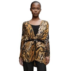 Animal Print Blouse Metallic Rhinestone Accent